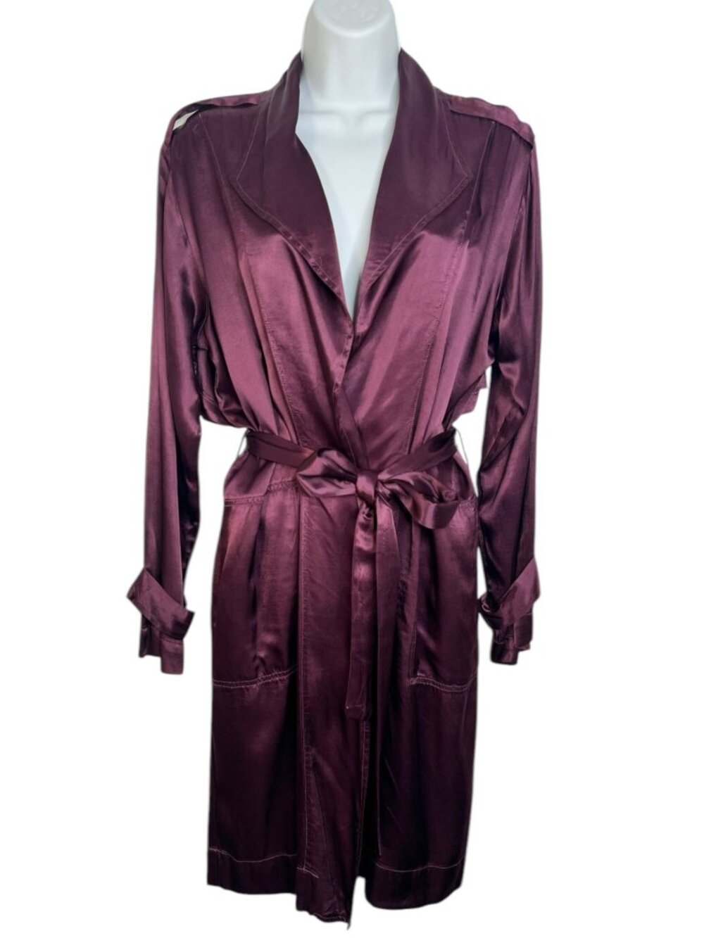 Nation LTD Carmen Draped Satin Trench Coat Plum Purple Belted Lightweight Small